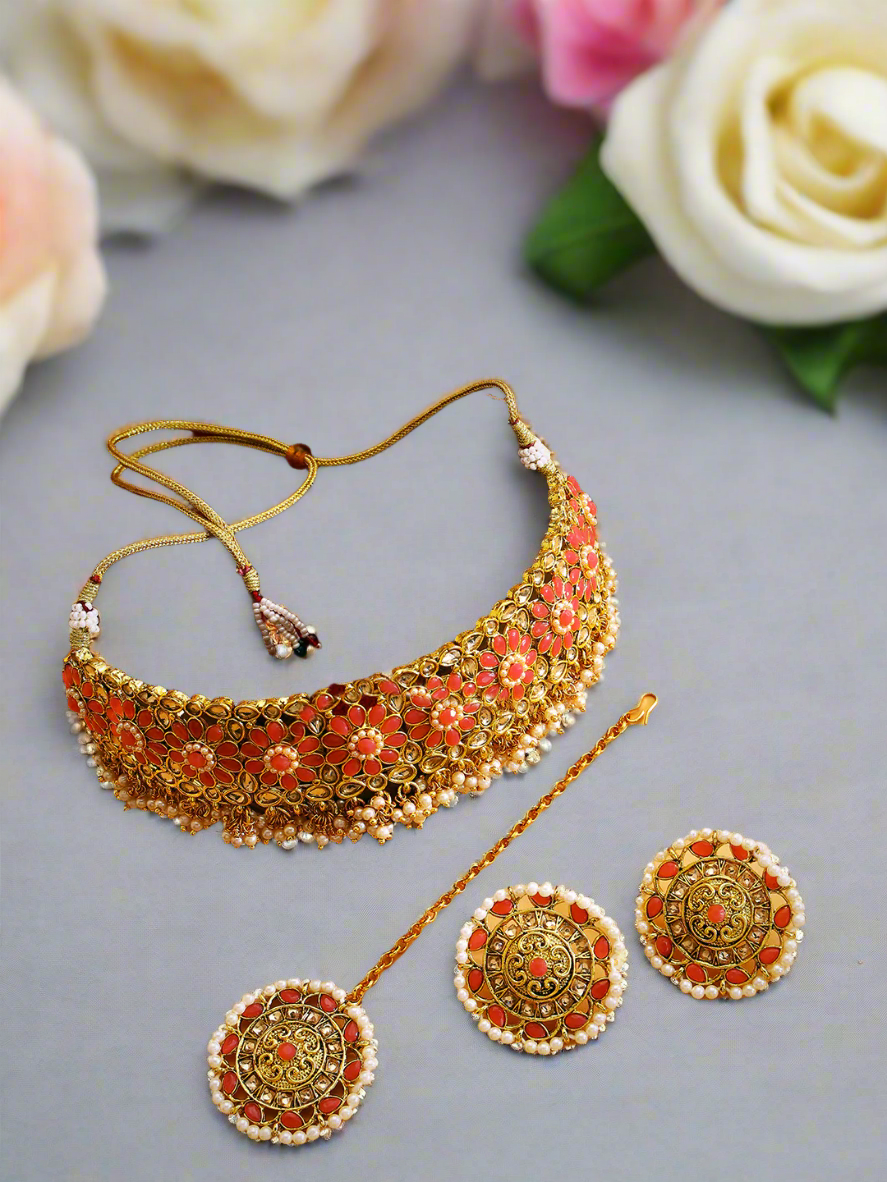 Pink Pearls Beads Kundan Stones Gold Plated Choker Set With Maangtikka