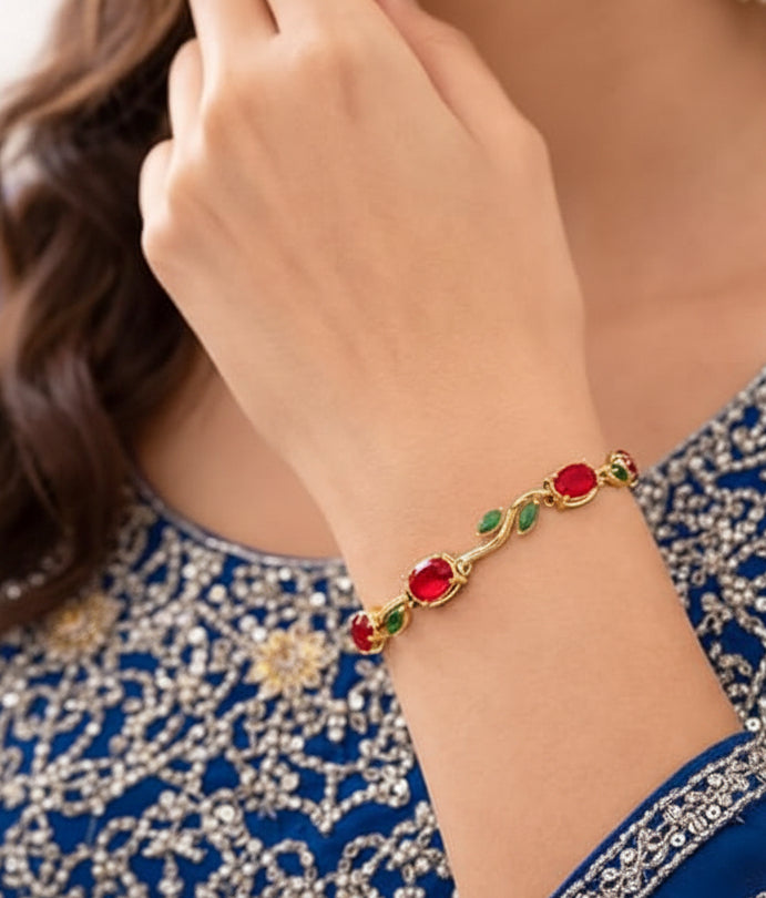 Jazz And Sizzle Tulip Bracelet with Oval Red and Marquise Green Stones, Floral Vine Style |Anti Tarnish