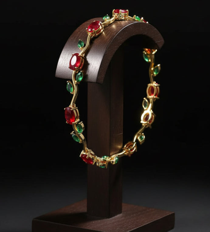 Jazz And Sizzle Tulip Bracelet with Oval Red and Marquise Green Stones, Floral Vine Style |Anti Tarnish