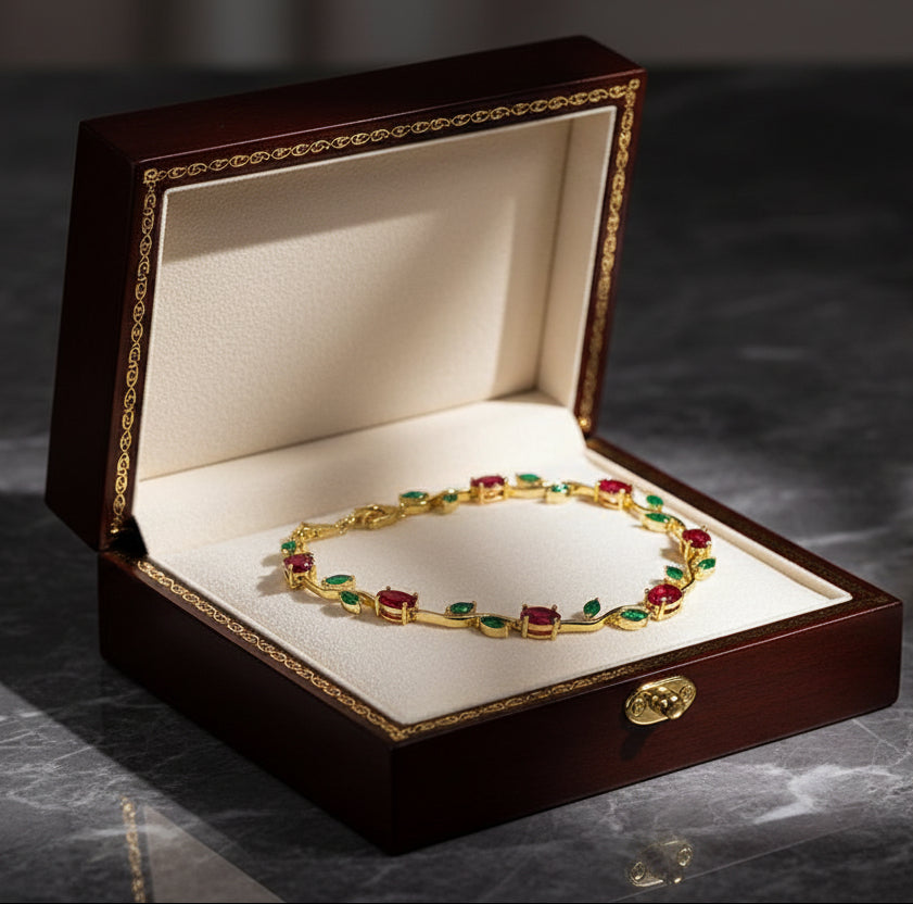 Jazz And Sizzle Tulip Bracelet with Oval Red and Marquise Green Stones, Floral Vine Style |Anti Tarnish