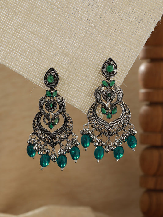 Green Silver-Plated Kundan Studded Fish Shaped Chandbalis - Jazzandsizzle