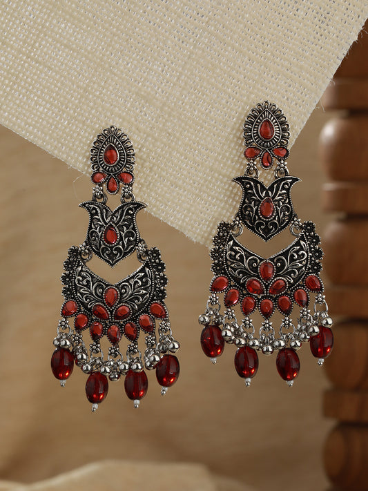 Silver-Toned & Red Classic Chandbalis - Jazzandsizzle