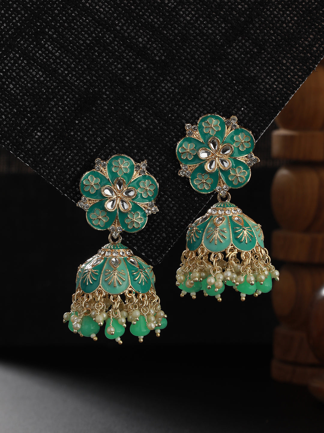 Gold-Plated & Sea Green Dome Shaped Jhumkas - Jazzandsizzle