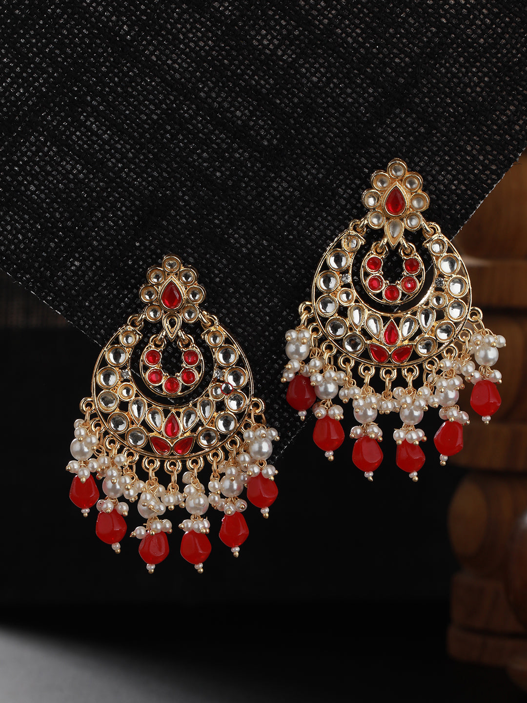 Gold-Plated & Red Kundan Classic Chandbalis Earrings - Jazzandsizzle