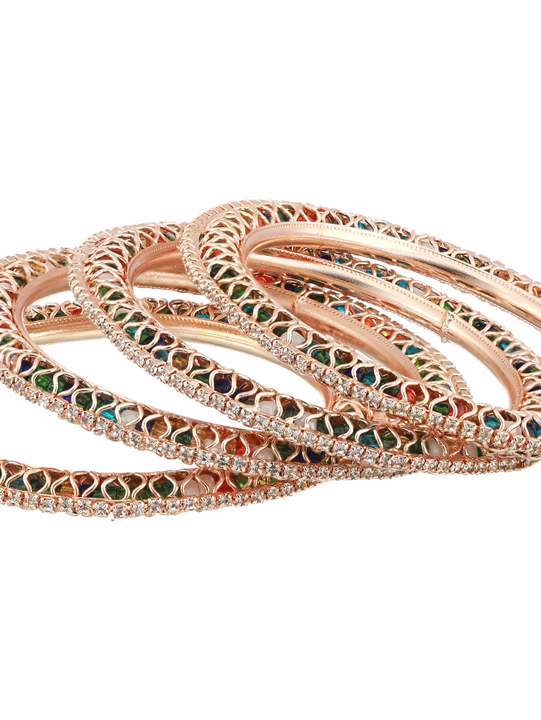 Set Of 4 Rose Gold Plated Stone-Studded Crystal-Beaded Bangles - Jazzandsizzle