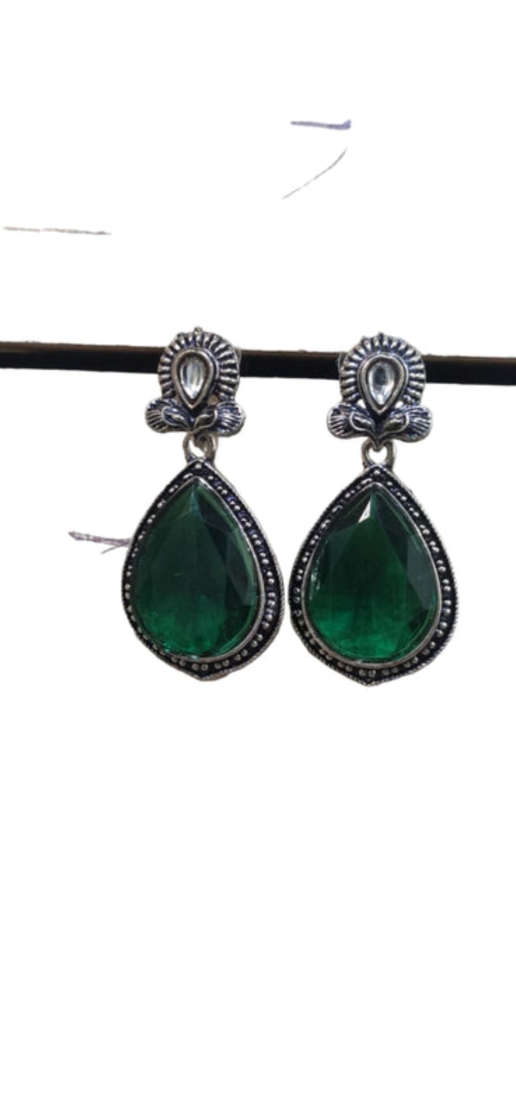 Jazz And Sizzle Set of 2 Silver Plated Emarald Stone Studded Tear Drop Earrings & Black Stone Studded Jhumka Earrings