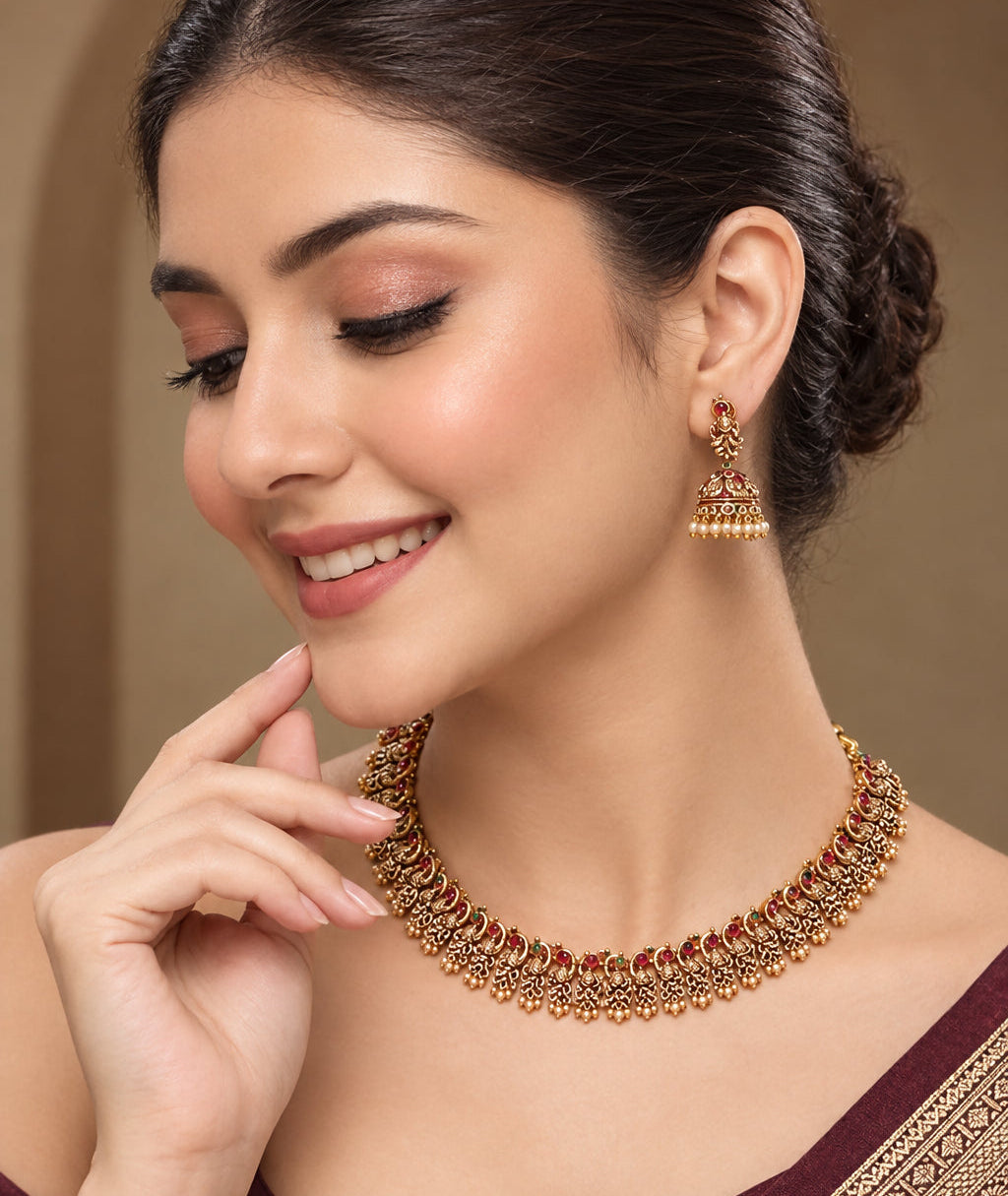 Gold-Plated Green & Red Stone-Studded Peacock Temple Choker Jewellery Set-NL-JS26-40578