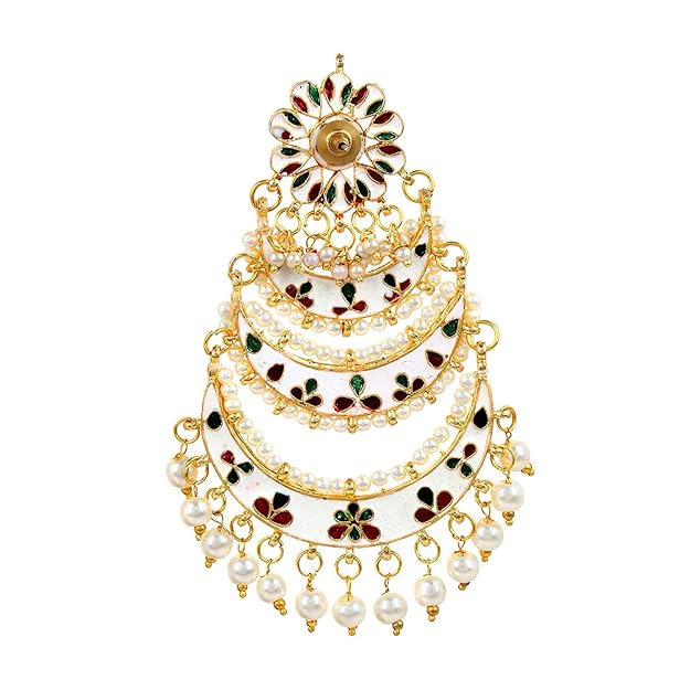 Jazz and Sizzle Gold Plated 3 Layers Long Traditional Look Golden Kundan Studded & Pearls Beaded Chandbali Earrings