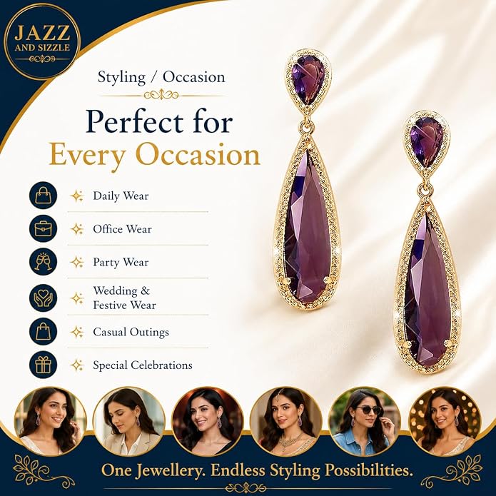 Crystal Studded Gold Plated Dangle Earrings Fashion Wear Stylish Jewellery Gift for Girls & Women