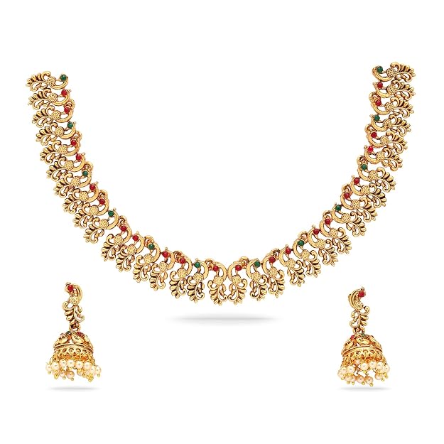 Gold-Plated Green & Red Stone-Studded Peacock Temple Choker Jewellery Set-NL-JS26-40578
