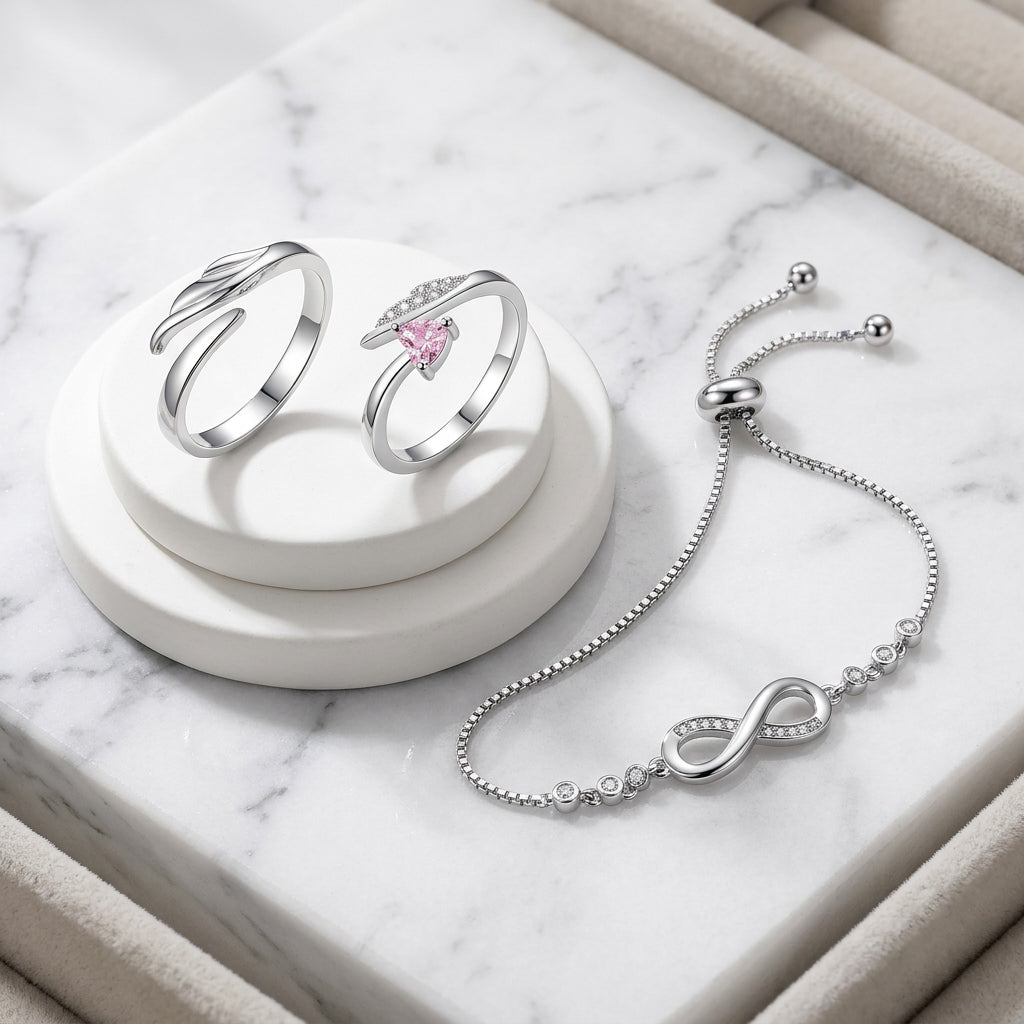 Silver Infinity Bracelet & Pink Heart Ring Combo Set for Women
