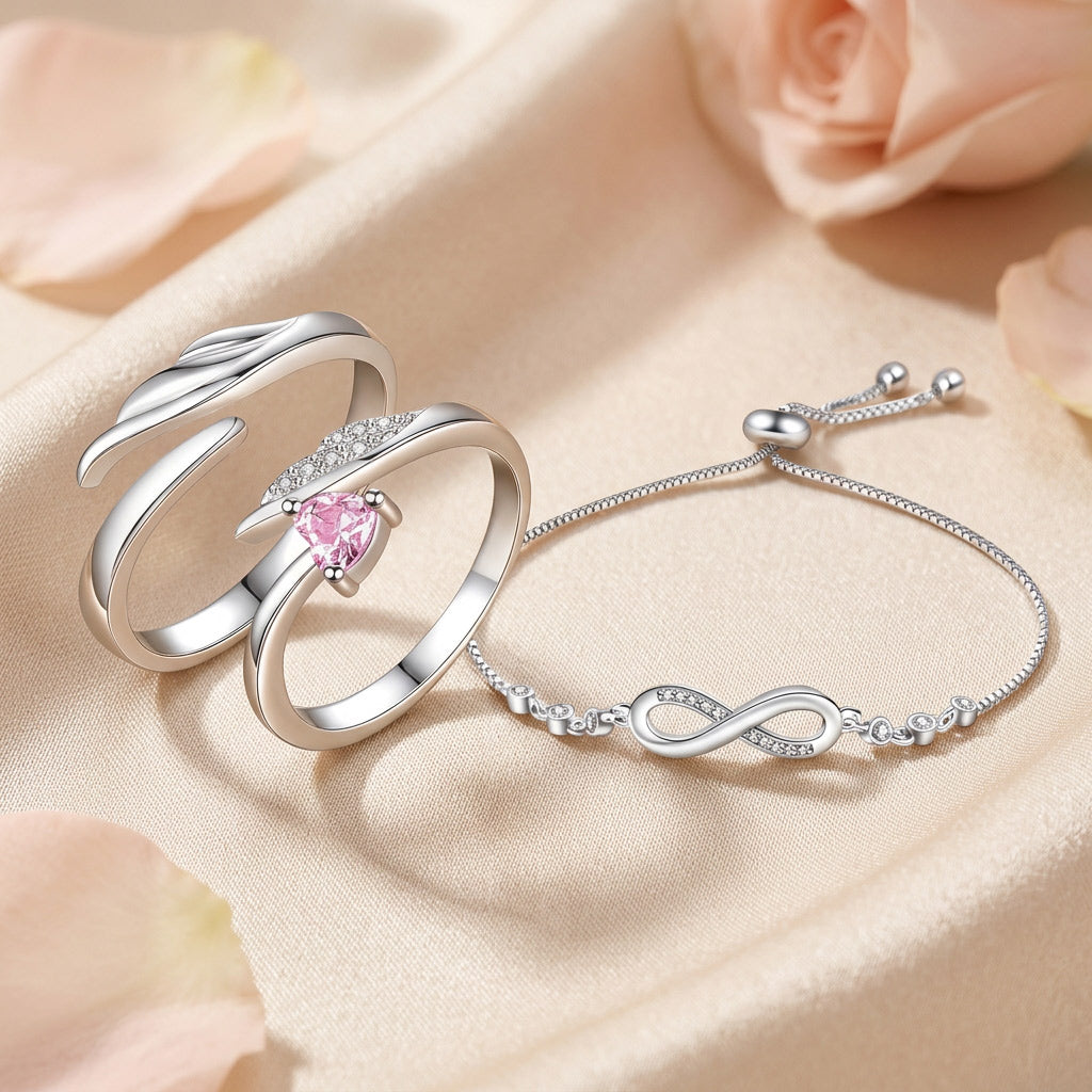Silver Infinity Bracelet & Pink Heart Ring Combo Set for Women