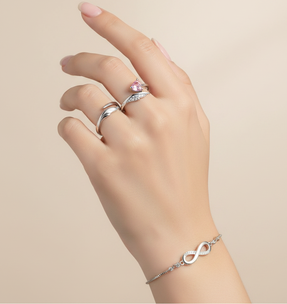 Silver Infinity Bracelet & Pink Heart Ring Combo Set for Women