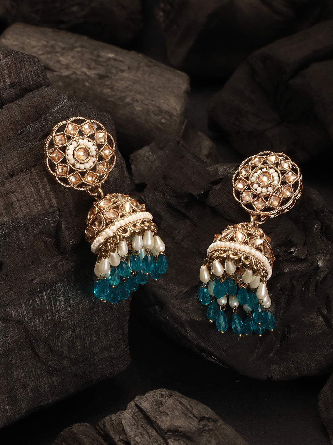 Mehandani Gold-Plated Kundan & Beads-Studded Dome-Shaped Jhumka Earrings