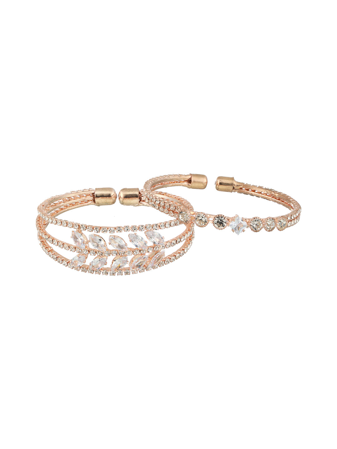 Jazz And Sizzle Set Of 2 Rose Gold-Plated White Crystal Studded Bangle Style Cuff Bracelet - Jazzandsizzle