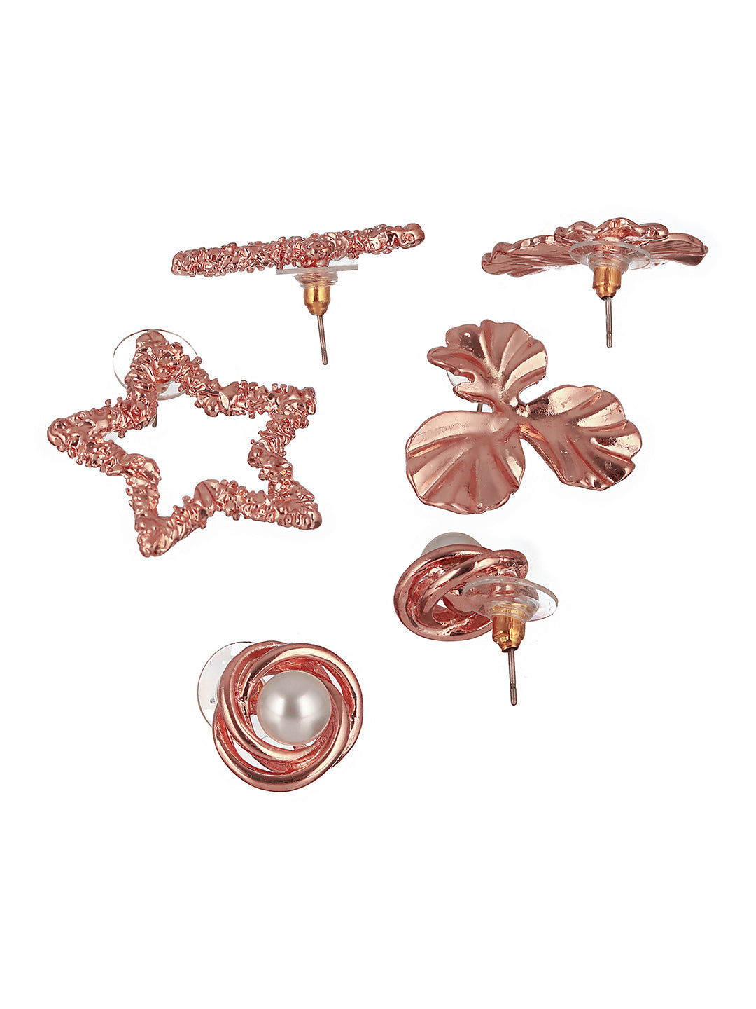 Set of 3 Rose gold Plated Star & Floral Shaped Stud Earrings - Jazzandsizzle