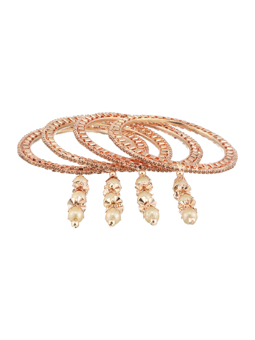 Set Of 4 Rose Gold-Plated Crystal Studded & Beaded Bangles - Jazzandsizzle