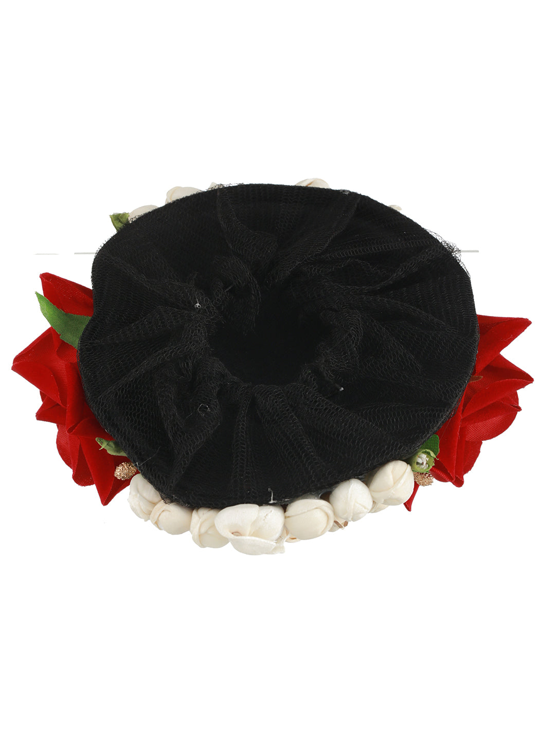 Women Red Rose & White Mogra Embellished Artificial Flower Gajra Designed Hair Bun Cover - Jazzandsizzle