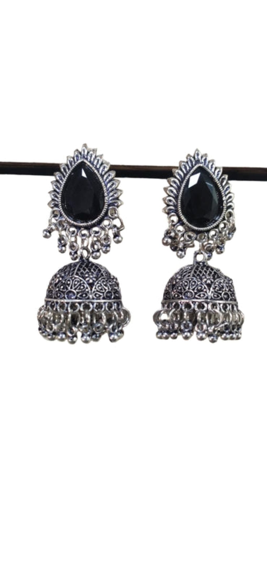 Jazz And Sizzle Set of 2 Silver Plated Emarald Stone Studded Tear Drop Earrings & Black Stone Studded Jhumka Earrings