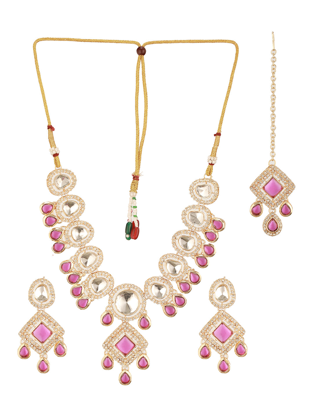 Jazz And Sizzle Gold Plated Pink Kundan Studded & Beaded Jewellery Set with Maangtikka