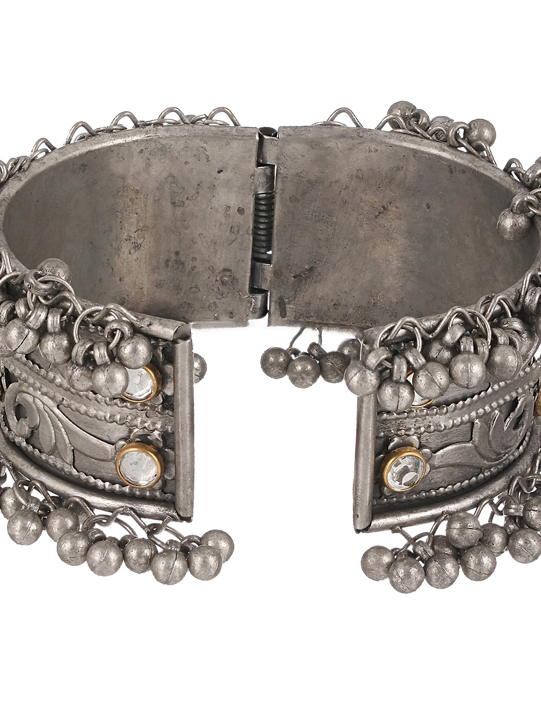 Silver-Plated Oxidised & Kundan Studded Kada Bracelet - Jazzandsizzle