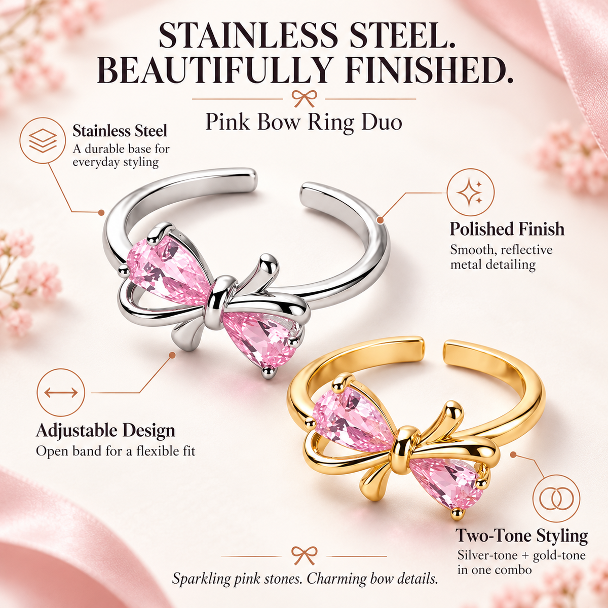 Pink Stone Bow Adjustable Rings – Set of 2RNG-JS26-80120