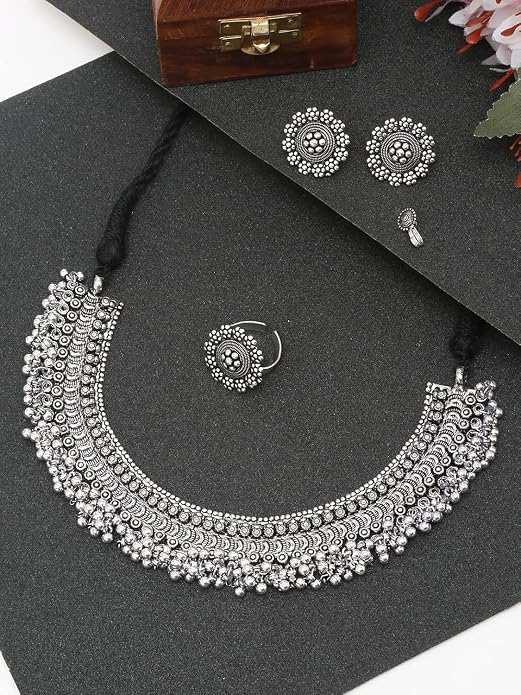 Silver-Plated American Diamond Jewellery Set for Women & Girls | Necklace Set with Matching Earrings