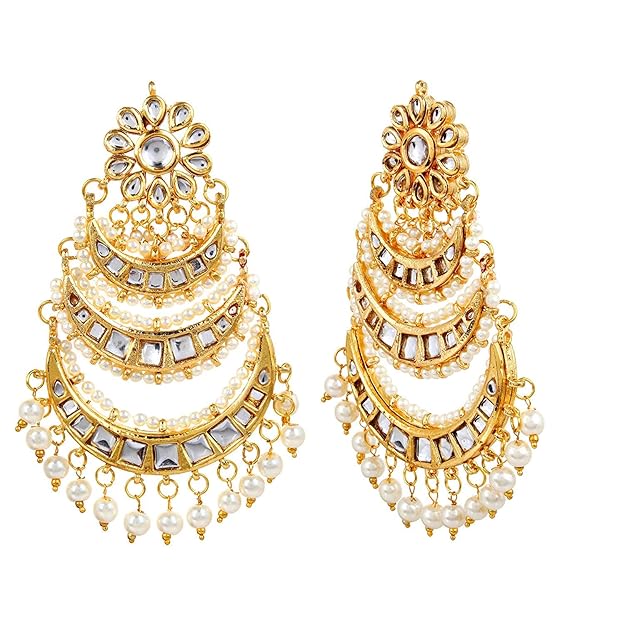 Jazz and Sizzle Gold Plated 3 Layers Long Traditional Look Golden Kundan Studded & Pearls Beaded Chandbali Earrings
