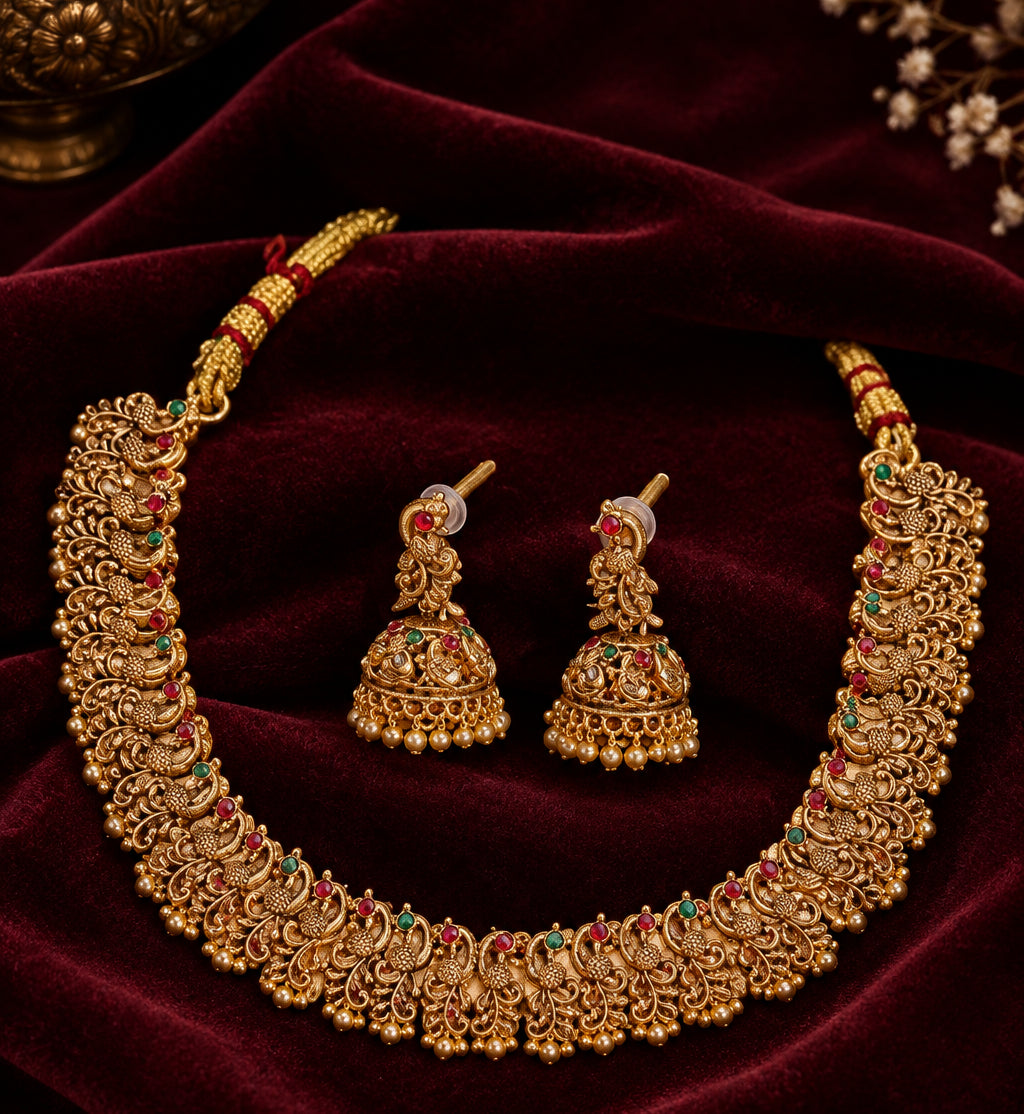 Gold-Plated Green & Red Stone-Studded Peacock Temple Choker Jewellery Set-NL-JS26-40578