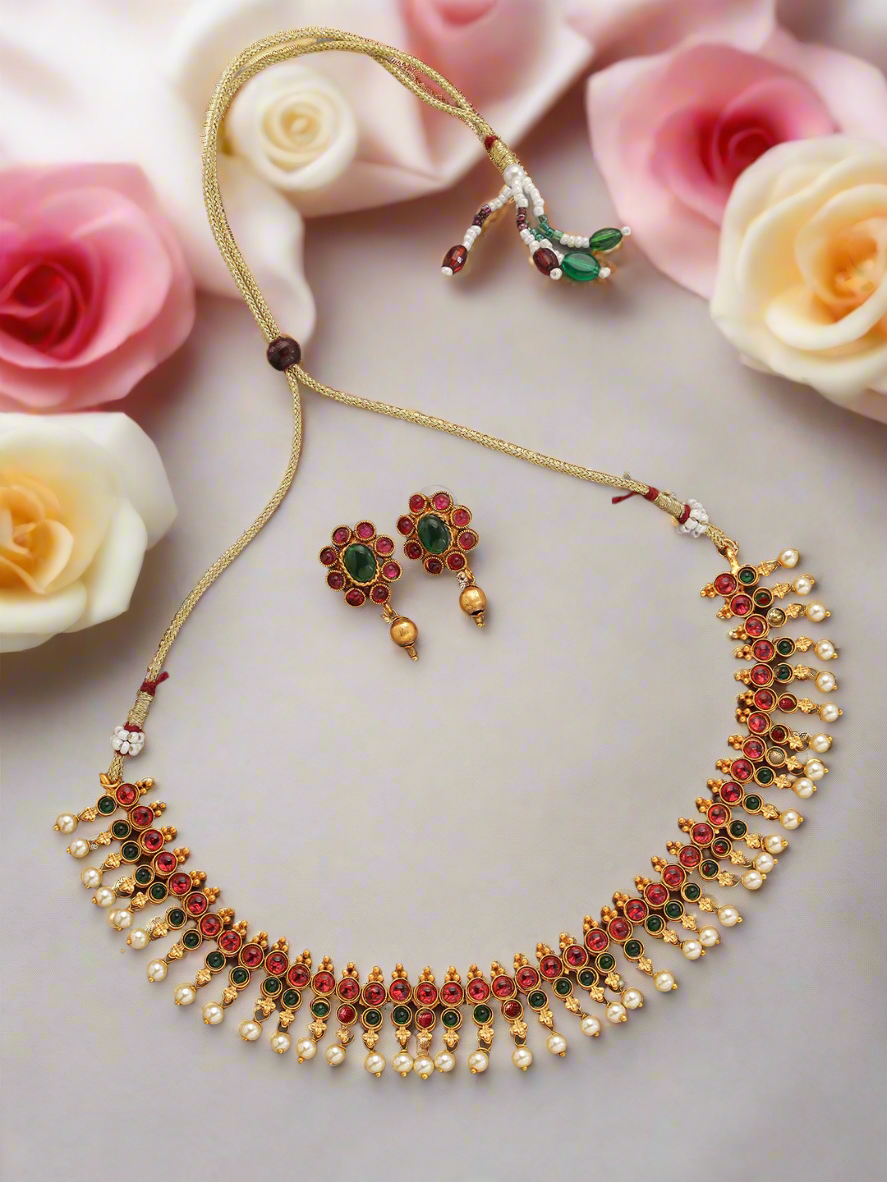 Pink & Green Gold-Plated Stone-Studded & Beaded Handcrafted Jewellery Set