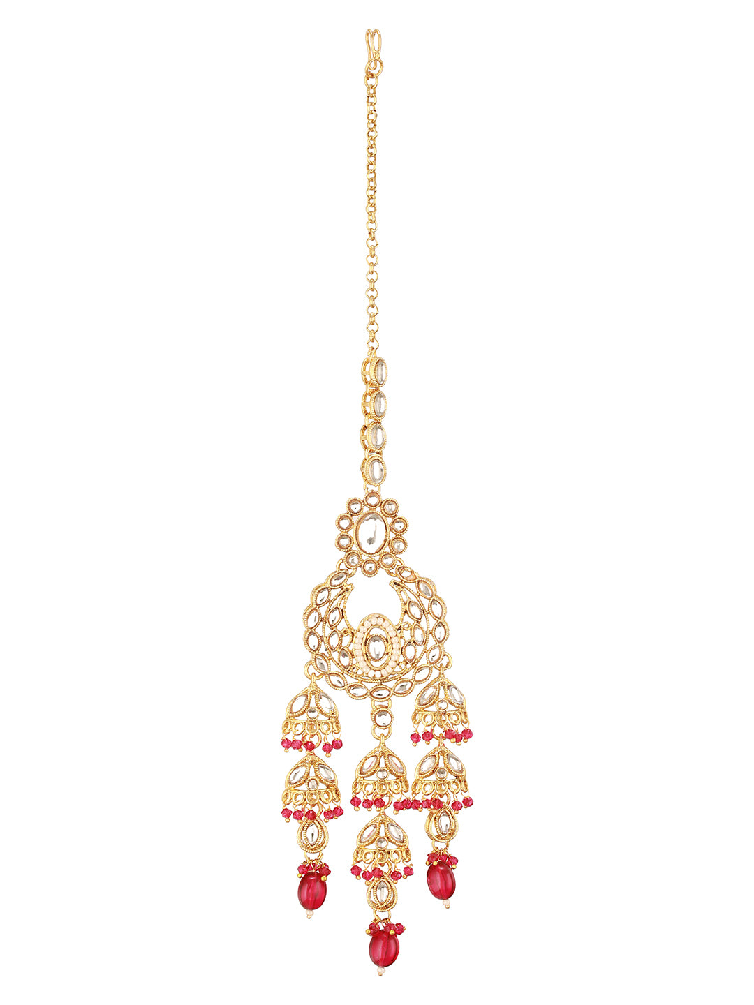 Jazz And Sizzle 18 k Gold-Plated Red & White Kundan Studded & Beaded Handcrafted Jewellery Set with Maangtikka