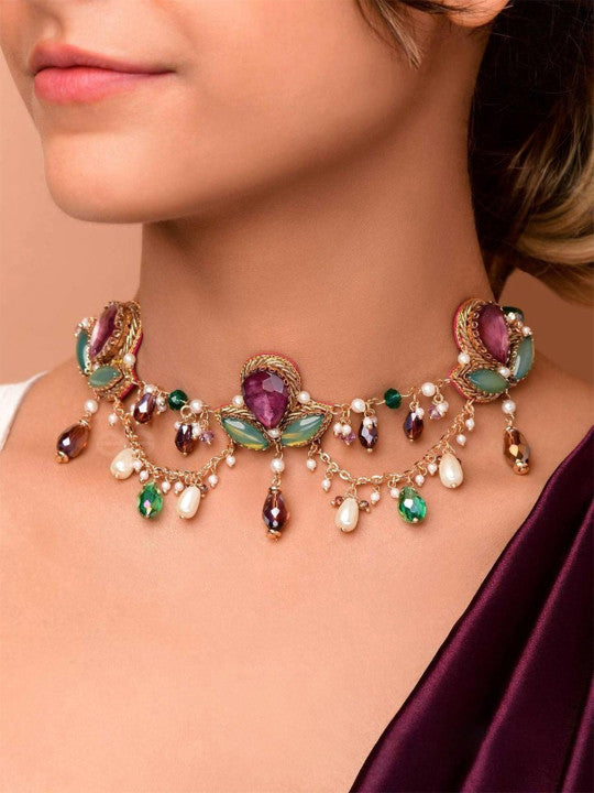 Sanjoya Stones, Beads, Glass & Pearl Drop Embroidered Neckpiece
