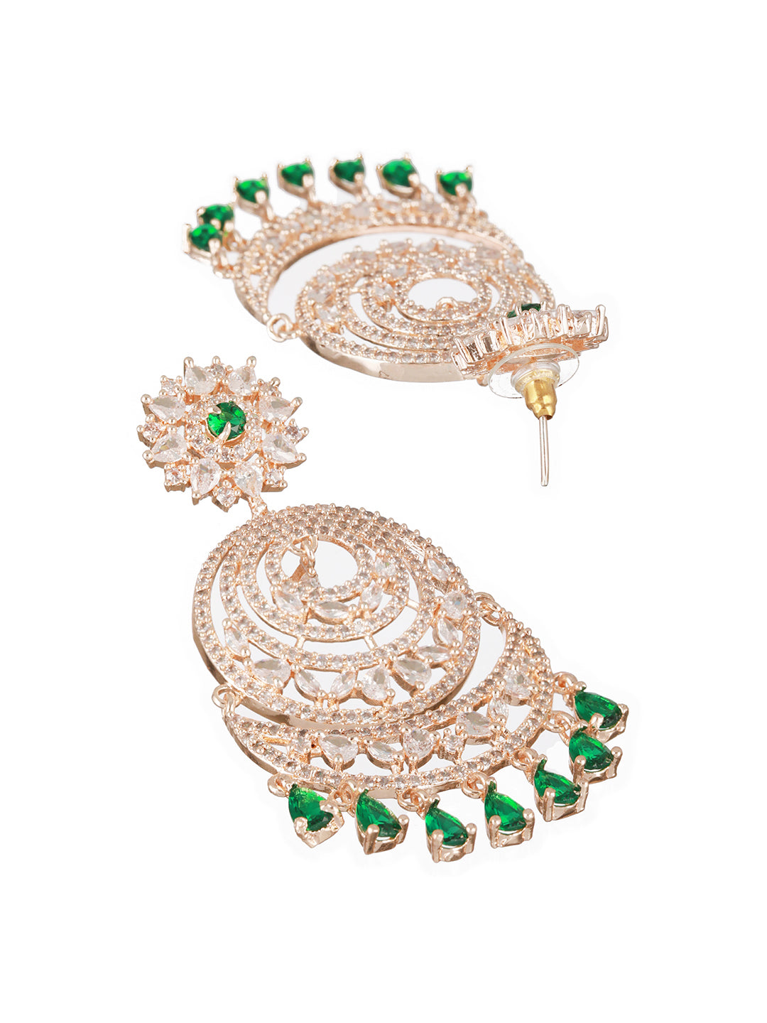 Rosegold-Plated Green American Diamond Studded Maang Tikka And Earrings Set - Jazzandsizzle