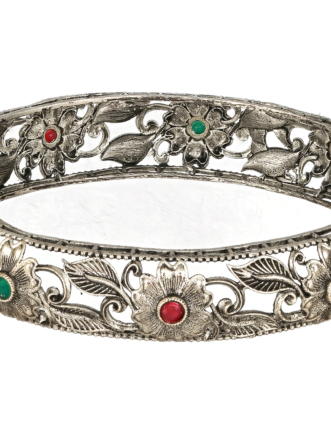 Jazz And Sizzle Set Of 2 Oxidised Silver-Toned Green & Red Stone Studded Traditional Bangles