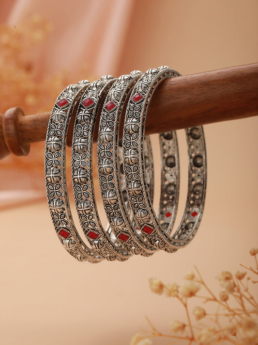 Set Of 4 Silver-Plated Red Stone Studded Handcrafted Bangles