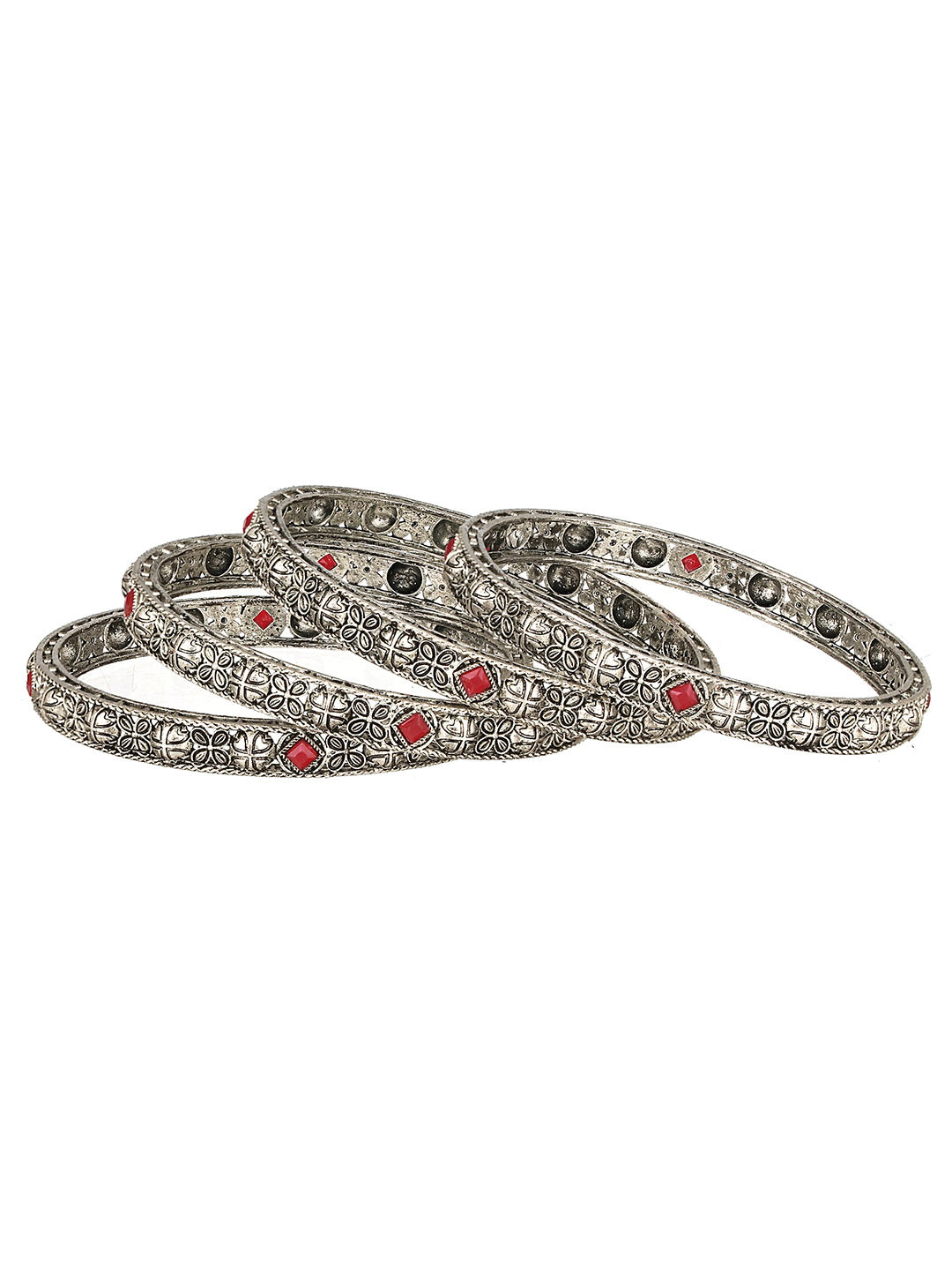 Set Of 4 Silver-Plated Red Stone Studded Handcrafted Bangles