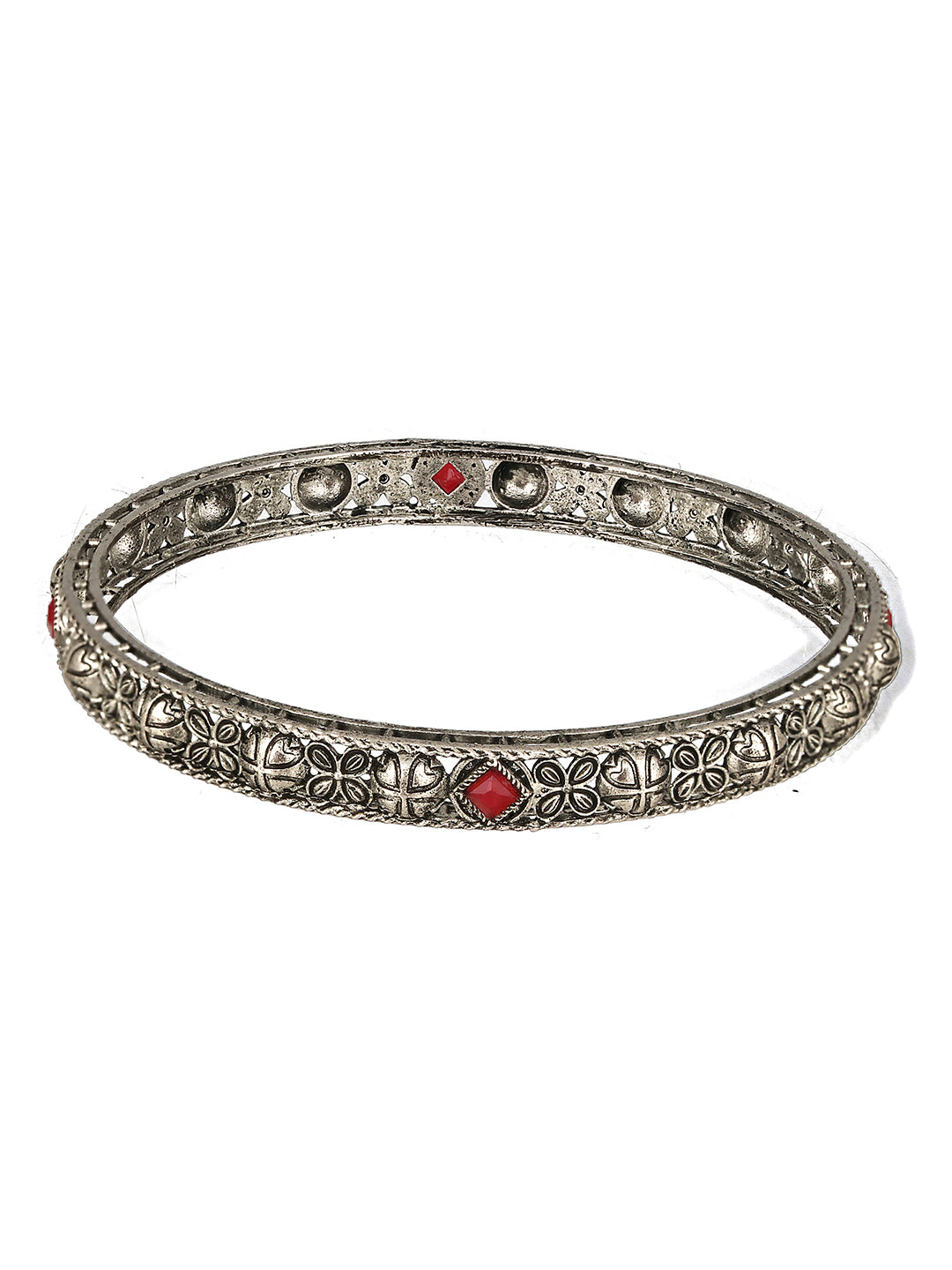 Set Of 4 Silver-Plated Red Stone Studded Handcrafted Bangles