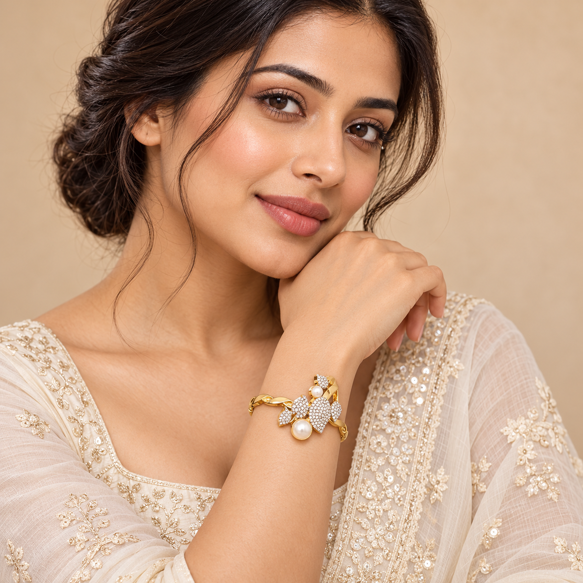 American Diamond Studded Floral Leaf Design with Pearl Accents | Party & Festive Jewellery - WJ-JS26-BR0061