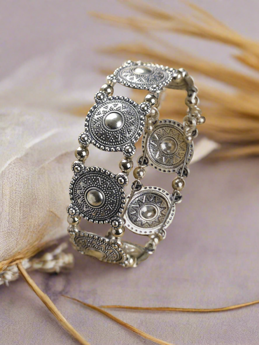 Floral Design & Filigree Work Oxidised Silver Plated Handcrafted Tribal Bracelet