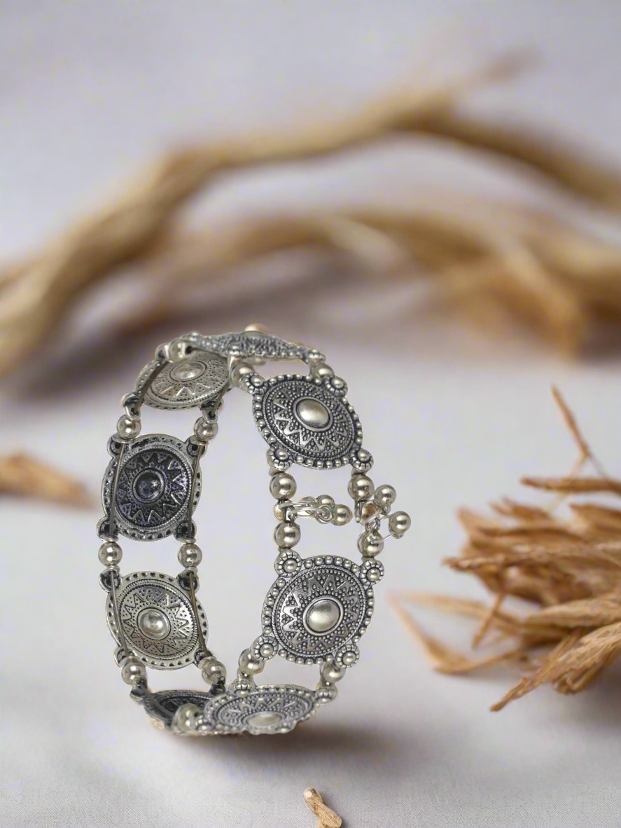 Floral Design & Filigree Work Oxidised Silver Plated Handcrafted Tribal Bracelet