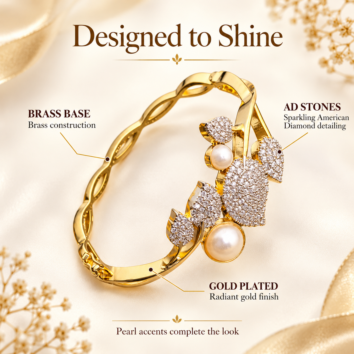 American Diamond Studded Floral Leaf Design with Pearl Accents | Party & Festive Jewellery - WJ-JS26-BR0061