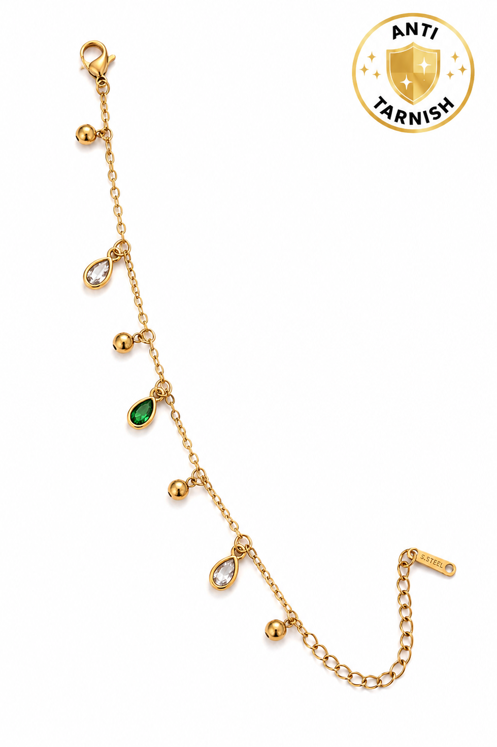 Anti Tarnish Gold-Plated Green Crystal Charm Bracelet for Women
