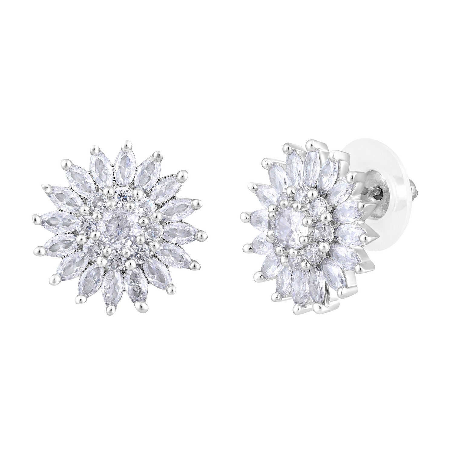 Jazz And Sizzle Rhodium-Plated CZ-Studded Floral Studs Earrings