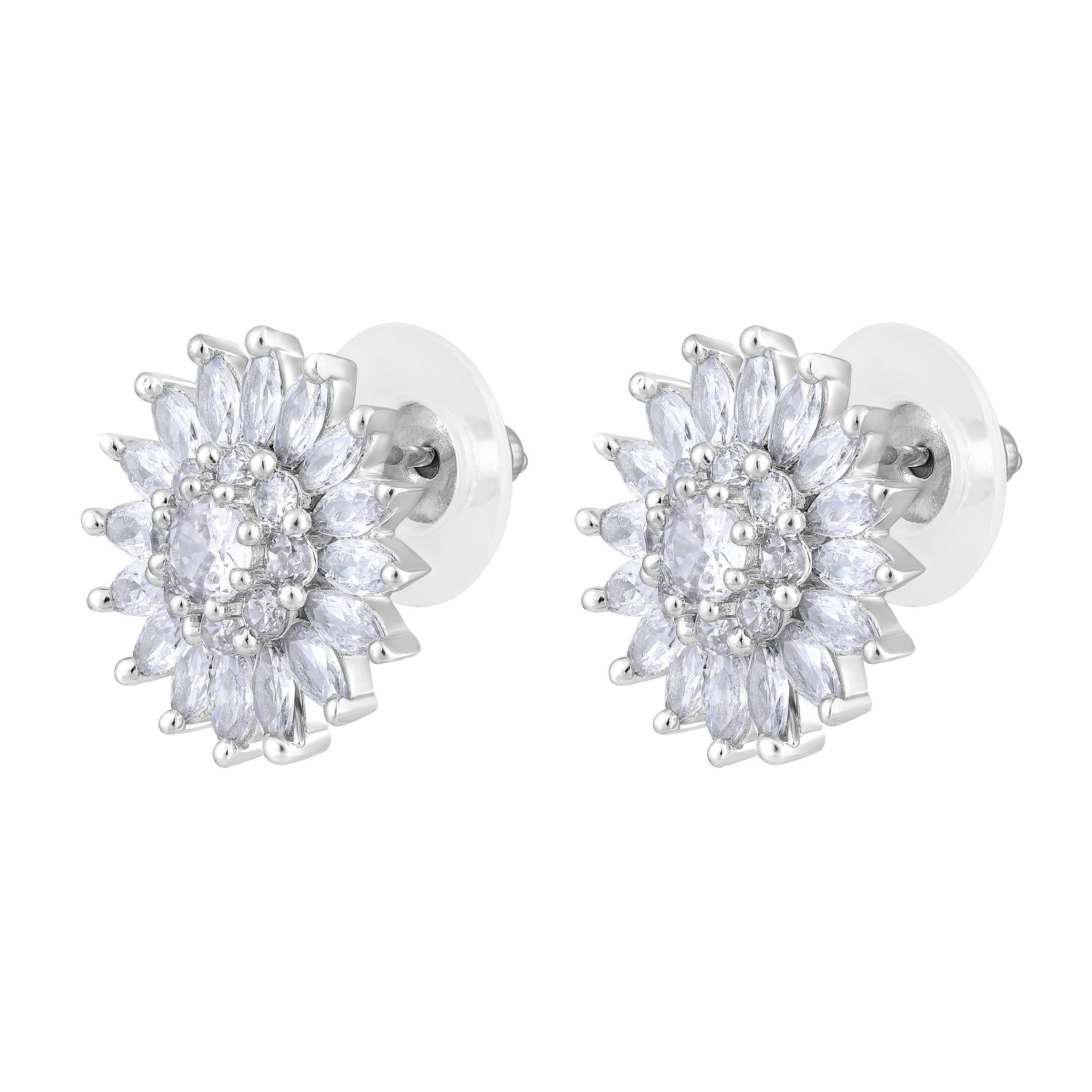 Jazz And Sizzle Rhodium-Plated CZ-Studded Floral Studs Earrings
