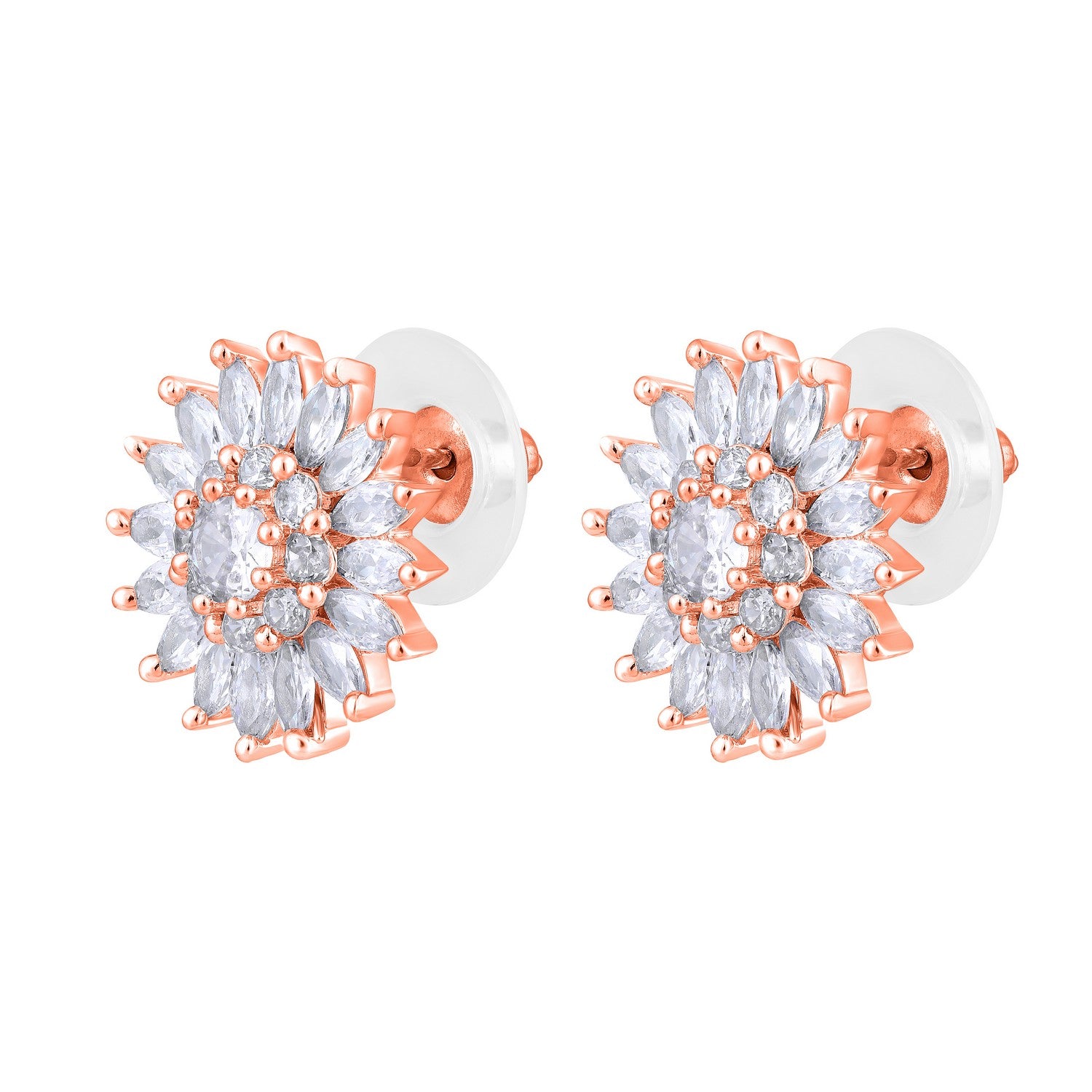 Jazz And Sizzle Rose Gold-Plated CZ-Studded Floral Studs Earrings