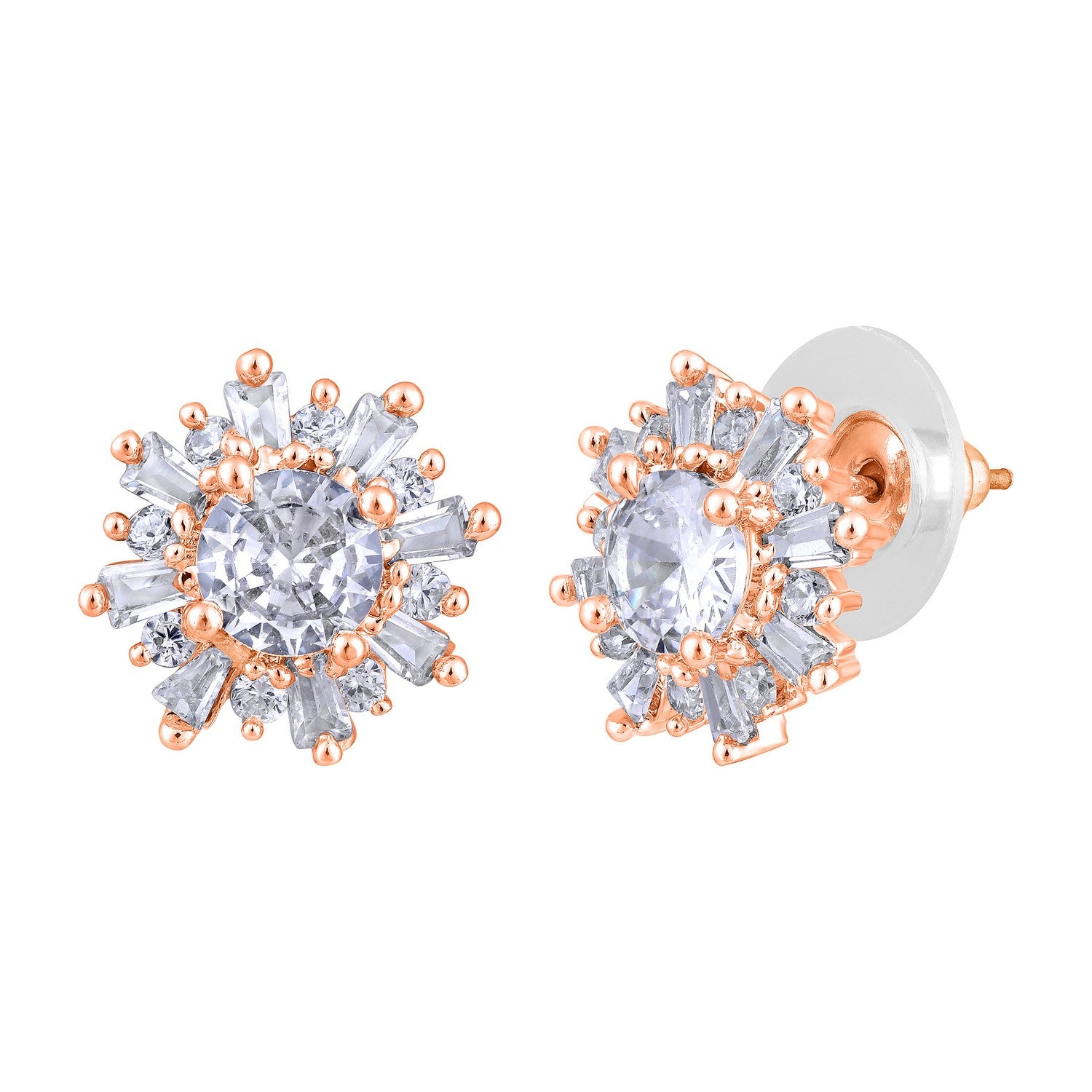 Jazz And Sizzle Rose Gold-Plated American Diamond Studded Floral Stud Earrings