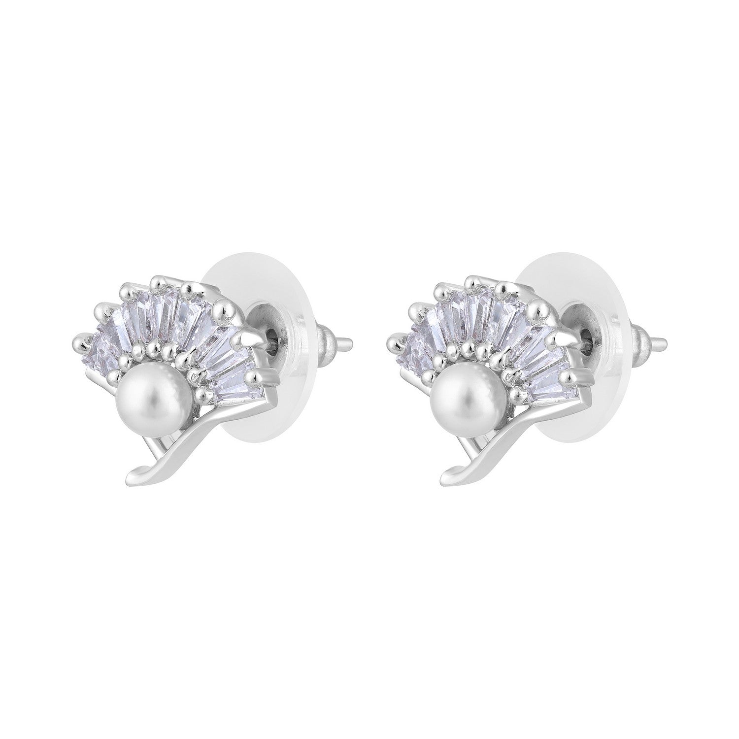 Jazz And Sizzle Rhodium-Plated Pearl Studded Contemporary Stud Earrings