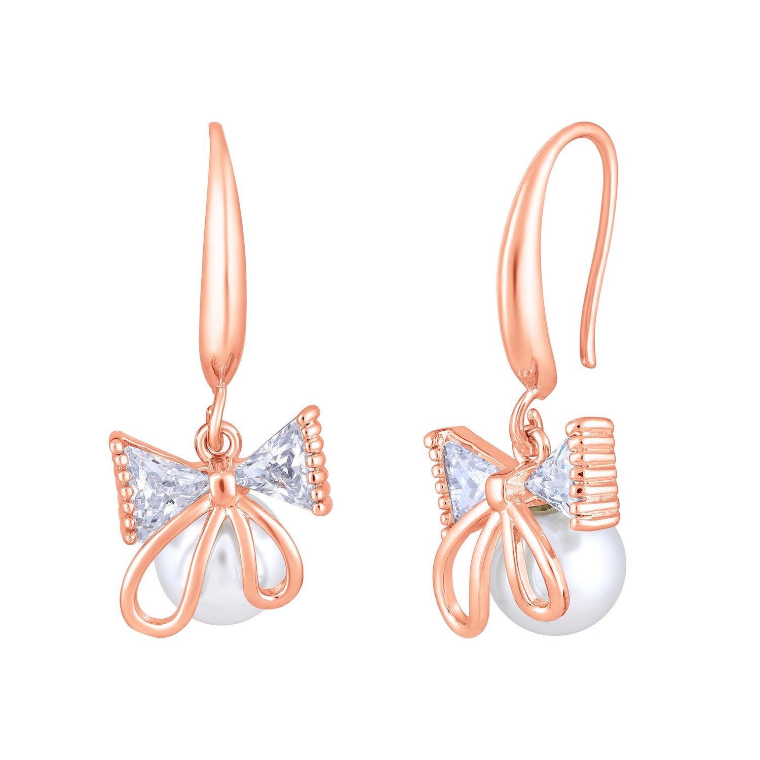 Jazz And Sizzle Rose Gold-Plated Bow Shaped Pearl Studded Drop Earrings