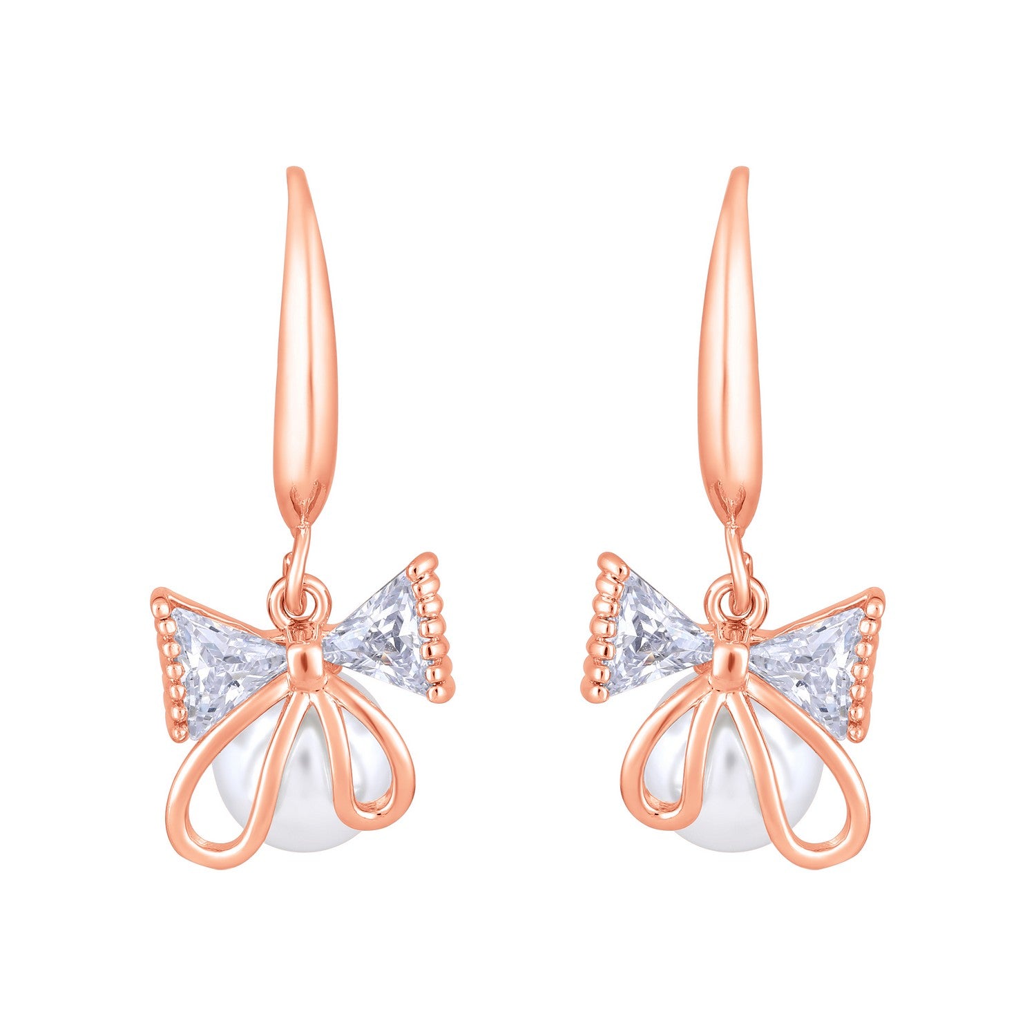 Jazz And Sizzle Rose Gold-Plated Bow Shaped Pearl Studded Drop Earrings