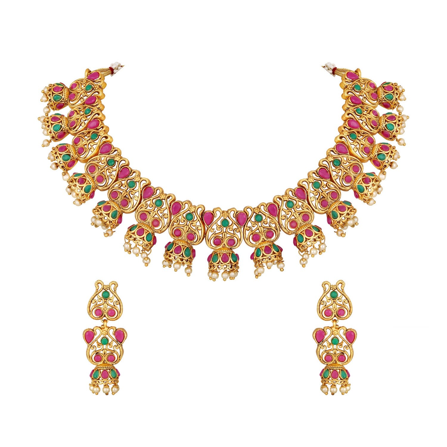 Jazz And Sizzle 22K Gold-Plated Ruby Kundan & Stone Studded Necklace Set with Pearl Beads